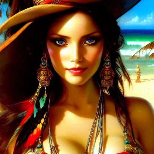 Drawing of beautiful face busty pirate woman,sweet stare,tropical beach,treasure map, parrot pet,ancient leather armor, balanciaga fashion clothe painting by gaston bussiere, greg rutkowski, yoji shinkawa, yoshitaka amano, tsutomu nihei, donato giancola, tim hildebrandt, oil on canvas, cinematic composition, extreme detail,fit full head inside picture,16k