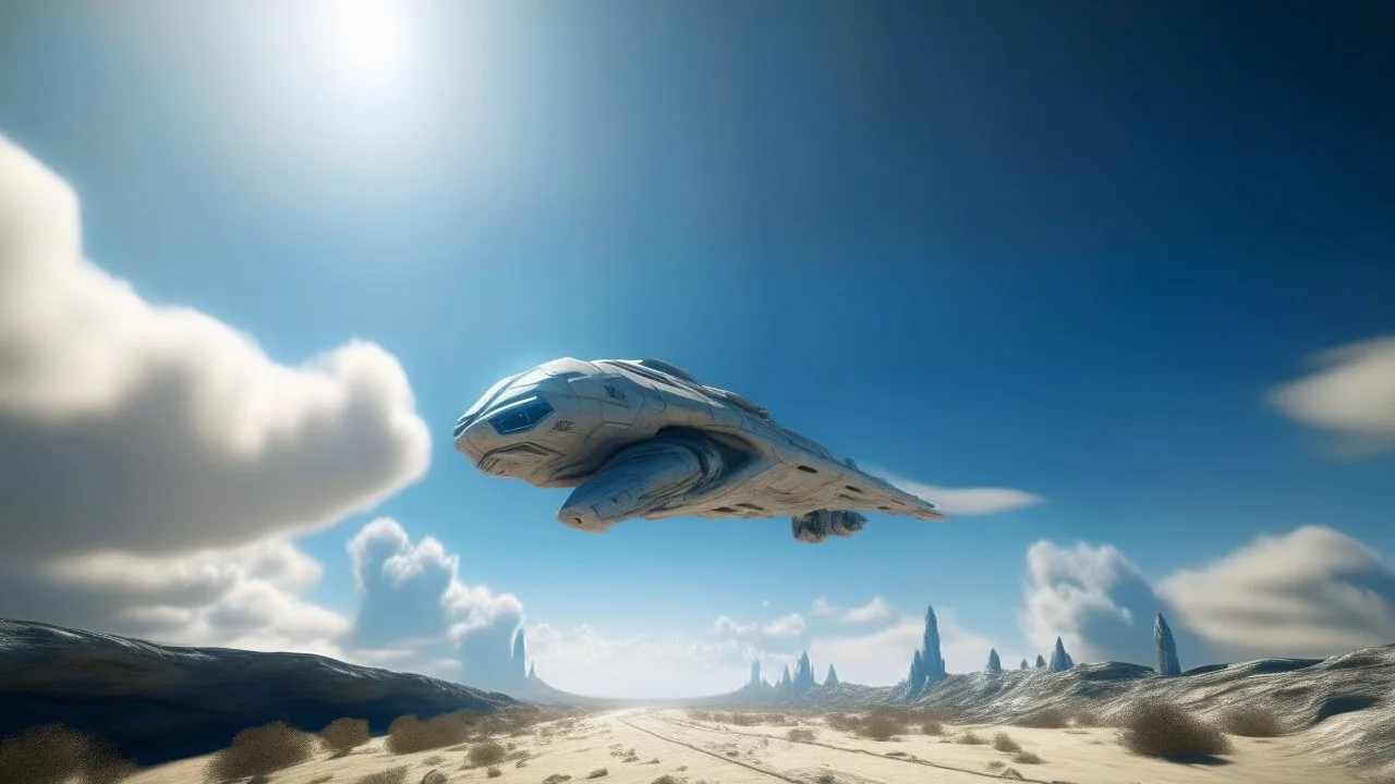 A Spacecraft, shaped like a passenger jet, without wings, hovering above a road in a ruined alien city, blue sky, wite clouds