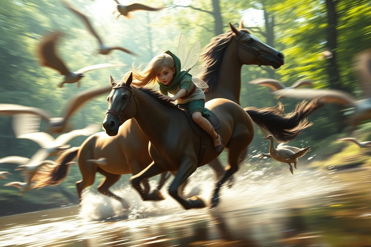 volumetric light, oil painting ,motion blur running caped long haired pixie Quickling - Forgotten Realms dodging geese above water and along winding branches in lush green forest along speeding horses , bokeh like f/0.8, tilt-shift lens 8k, high detail, smooth render, down-light, unreal engine, prize winning