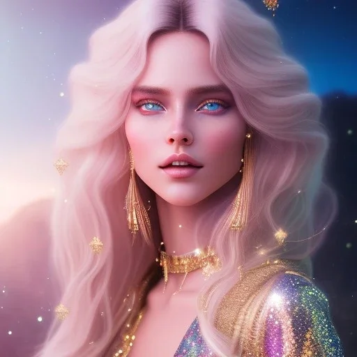 white woman glitter smiling long blond hair blue eyes in a galactic ambiance, delicate colors in the foreground, full of details, smooth, light effect，vaporwave colorful, smooth, extremely sharp detail, finely tuned detail, ultra high definition, 8 k, ultra sharp focus