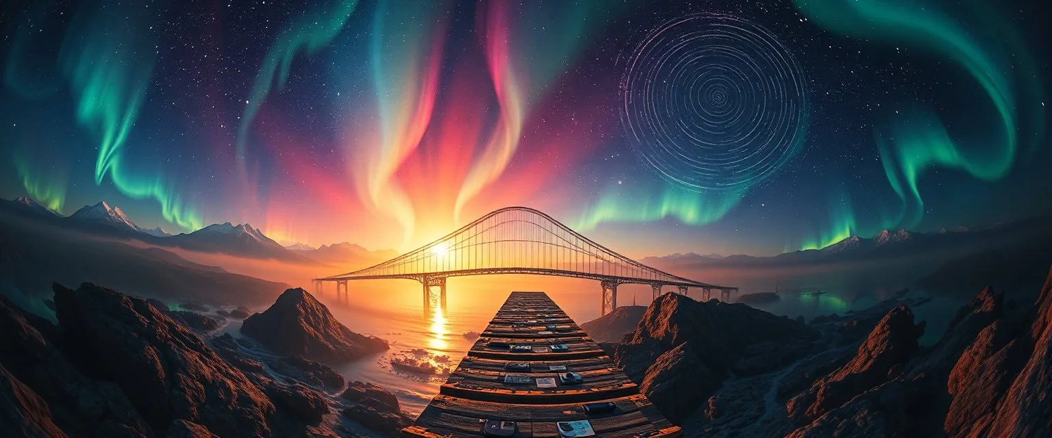 pin hole cam, master oil painting by Rembrandt, realistic rendering Visual: Kaleidoscopic reflections Music: Soulful vocals + electronica pads Aurora: Crystal-glow pulses Skybridge of Echoes Icon: Floating bridge with rune arch Visual: Abyss below, bridges floating Music: Funk bass intensifies, sync with steps Aurora: Arched ribbons, pulsating Celestial Convergence Icon: Cluster of all runes Visual: Cosmic plateau, swirling glyphs Music: Full