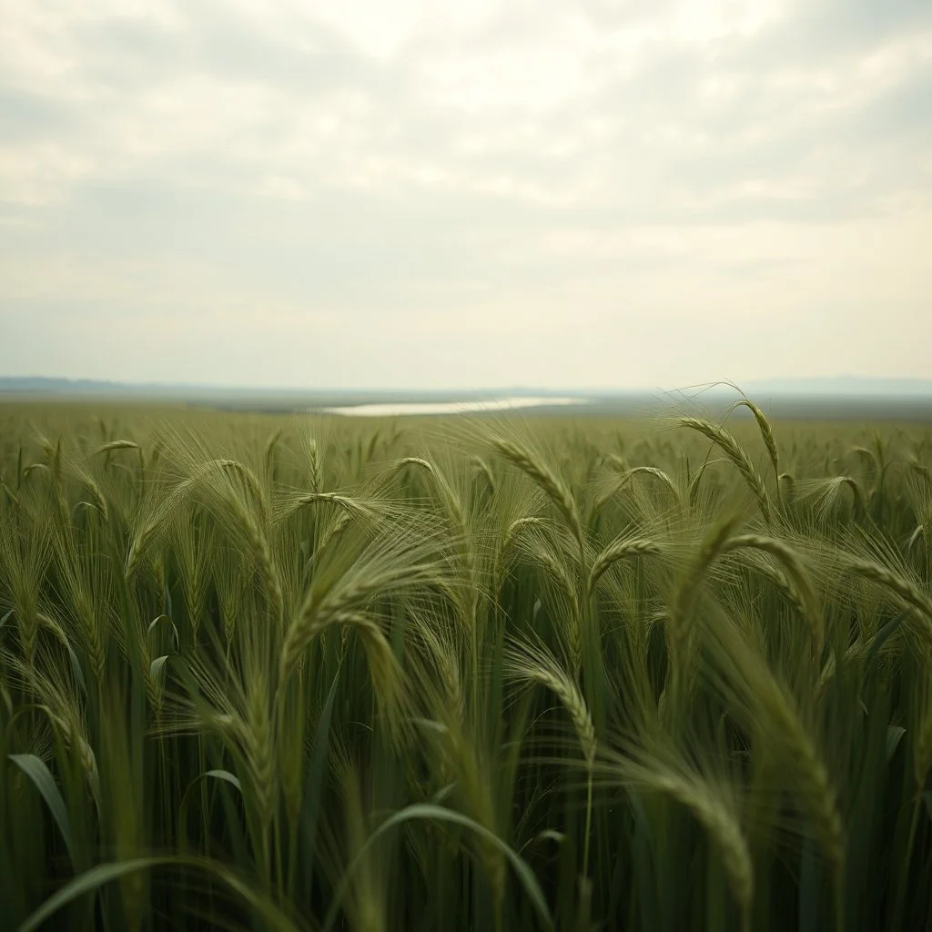 Melancholic, ultra-realistic photograph of a vast barley field swaying gently in the wind, delicate green stalks moving like waves, soft light of a cloudy sky, subtle haze in the distance, a lonely river glimmers faintly between the fields, atmosphere of quiet sadness and timeless beauty, cinematic, hyper-detailed, emotional and mesmerizing