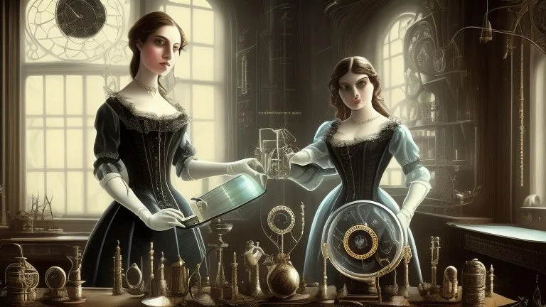 Victorian gothic woman, with long dark hair, leaning over a desk, working on a tiny clockwork machine, gloved hands, while looking through a magnifying glass, in a dark laboratory, full of devices, machines, and books