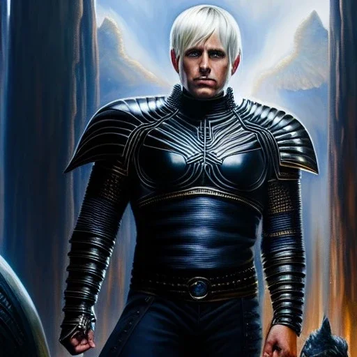 Ultra detailed fullbody Portrait in oil on canvas of Fenris (Marvel) with Armor,intense stare,extremely detailed digital painting, extremely detailed face,crystal clear Big eyes, mystical colors ,perfectly centered image, perfect composition, rim light, beautiful lighting,masterpiece,8k, stunning scene, raytracing, anatomically correct, in the style of robert e howard and Ken Kelley and Ohrai Noriyoshi and Simon Bisley and tomzj1