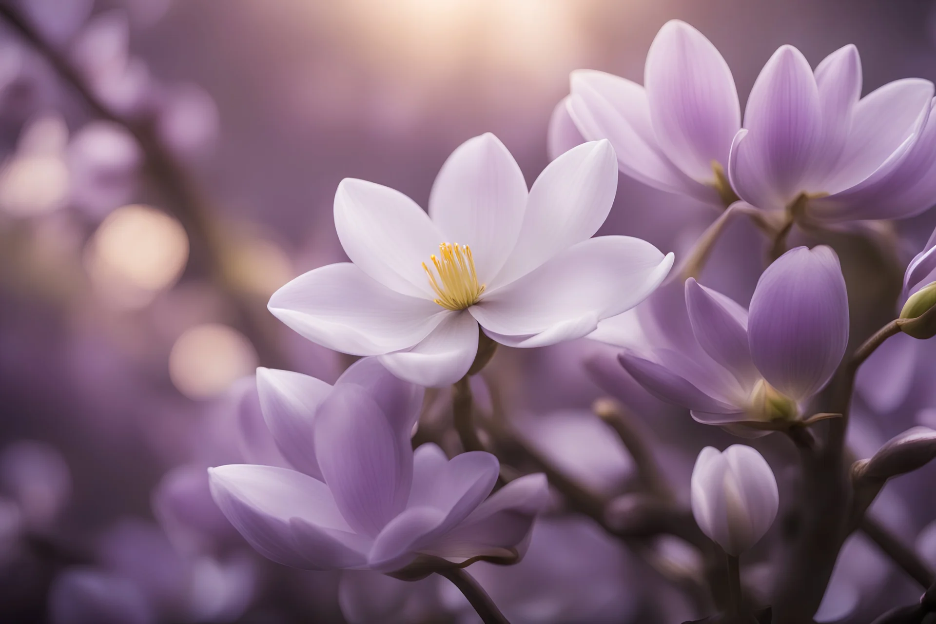 Half Tree Magnolia Flower Purple Light Translucent Layered Close-up Clear Distant Blur Poetic Photography Flat View Realistic 8K HD les fleurs de printemps, (violettes, jonquilles, narcisses, ) avec un fond de cascade