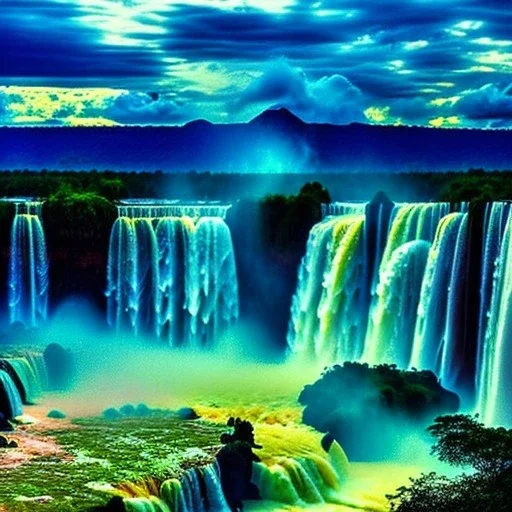 Iguazu Falls, Argentina and Brazil,aerial view,cloudy,extremely detailed digital painting, high resolution,8k, realistic, beautiful, volumetric lighting, mystical colors ,perfectly centered image, perfect composition, rim light, beautiful lighting,masterpiece, stunning scene, raytracing, anatomically correct, in the style Van Gogh and robert e howard and Ken Kelley and Ohrai Noriyoshi and Simon Bisley and tomzj1.