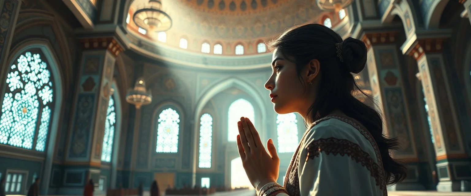 This image shows a stunningly detailed digital painting of a young woman praying in a beautifully crafted mosque. The scene is filled with intricate patterns, dramatic lighting, and a sense of cinematic atmosphere, showcasing the beauty of Islamic architecture and devotion.