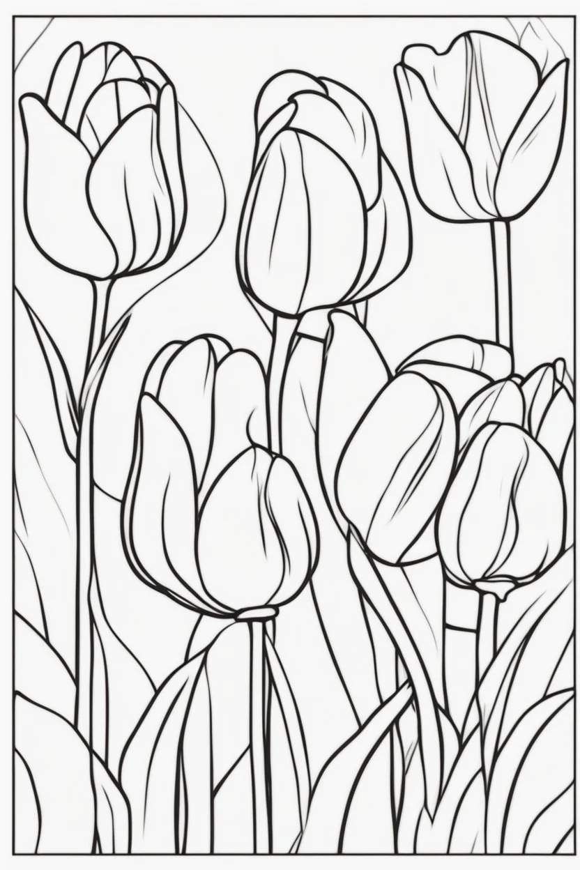 flowers coloring page for kids, tulip, cartoon style, thick outline, low details, no shading, no color