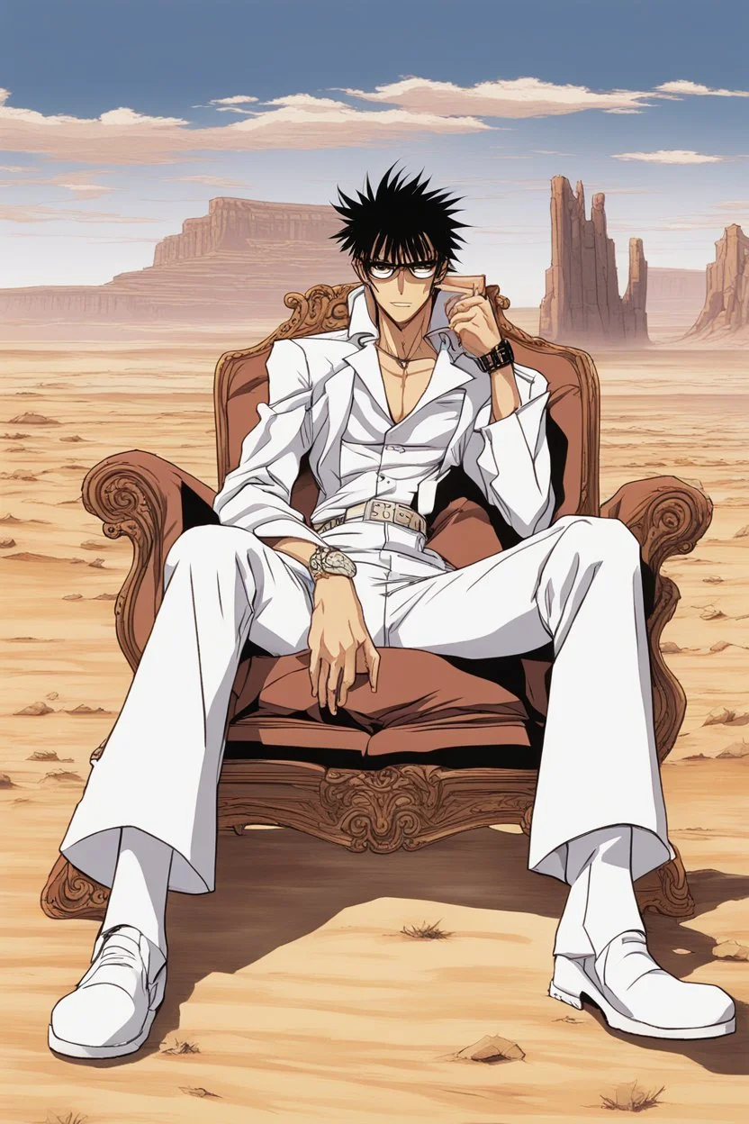 Nicholas Wolfwood Trigun is sitting on a couch in the middle of the desert