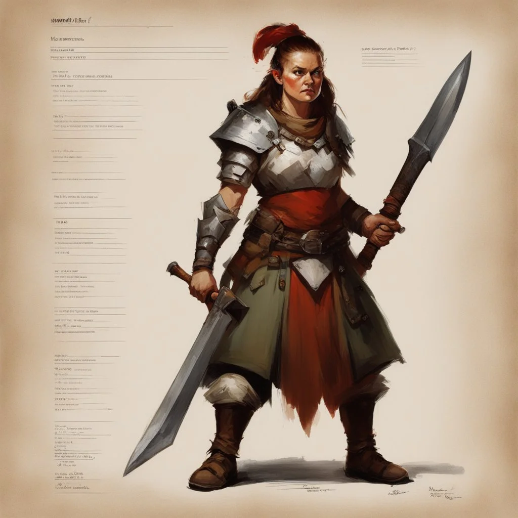 ConceptSheet [by Guy Borremans]: woman dwarf warrior and her axe with AD&D statistics