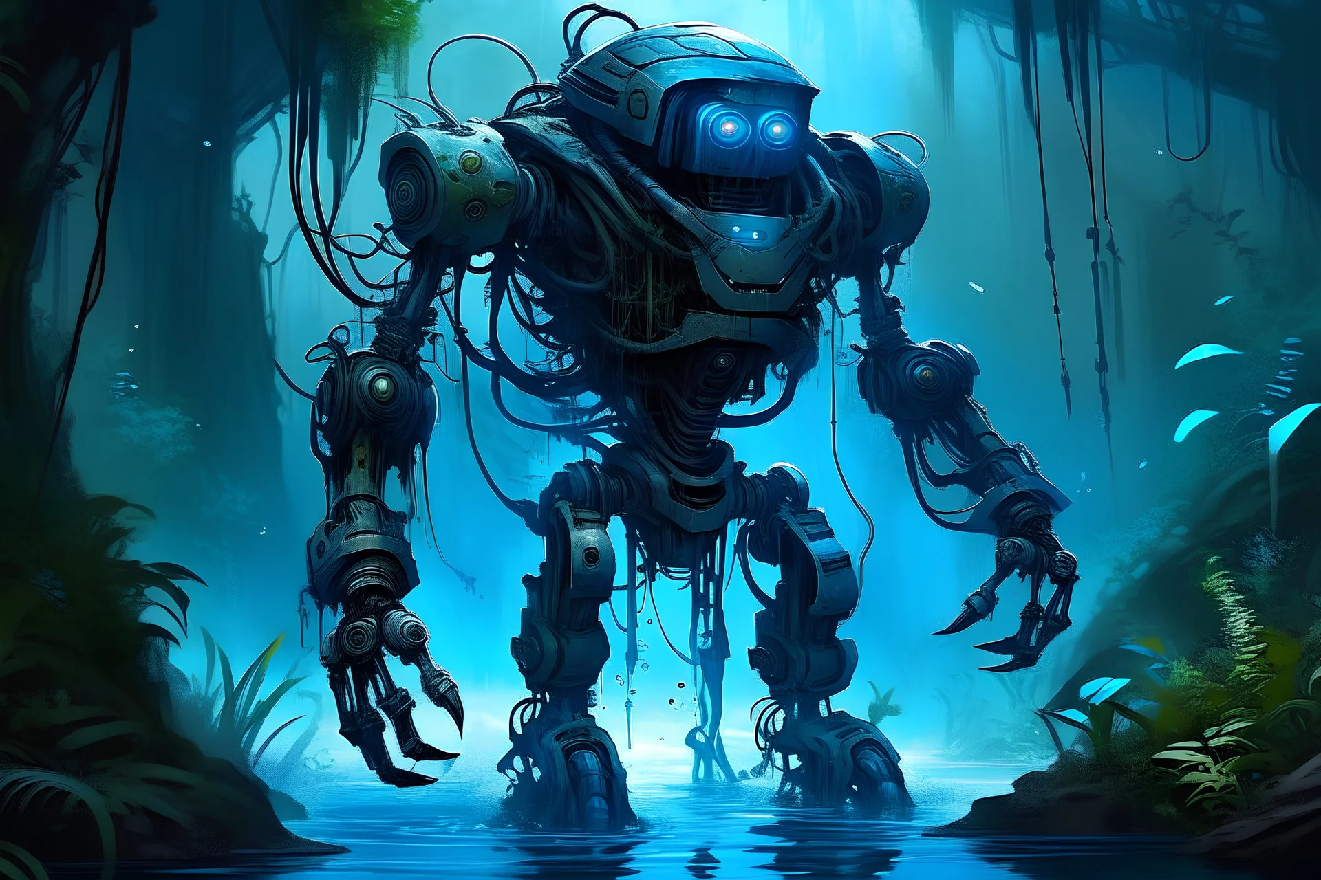 Robot with a weapon made of water. Make the robot look like a hybrid of alien with tentacles and mechanical parts, head is of a human making it look like it's riding the mech suit. With hands growing out of it, eyes have smoke coming out of it with a background of a Jungle with Mayan pyramids in Blue ambiance. make it an oil painting texture.