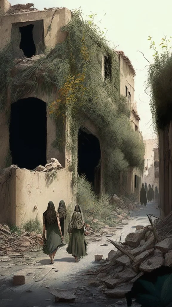 ruined street with women and bushes