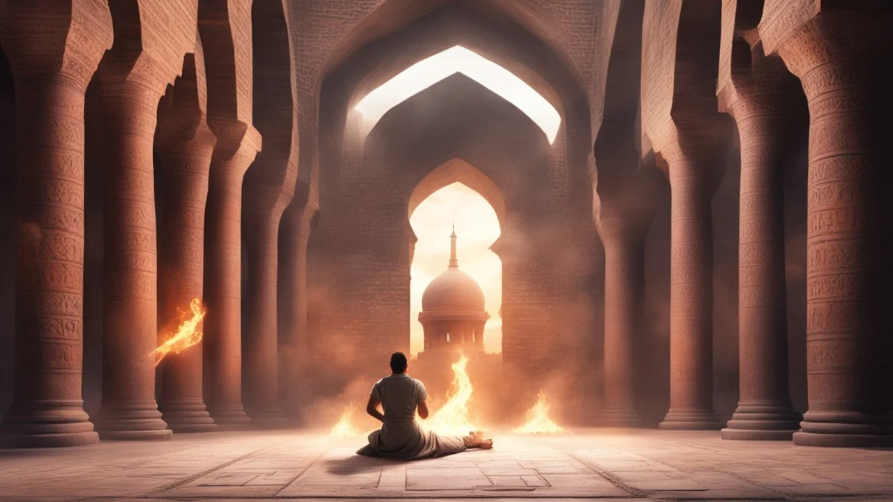 Hyper Realistic back-view of few throwing-sword on a man praying namaz in prehistoric-ancient-brick-mosque-with-ancient-islamic-architectural-patterns-crafted & flame-torches-on-wall showing dramatic & cinematic ambiance