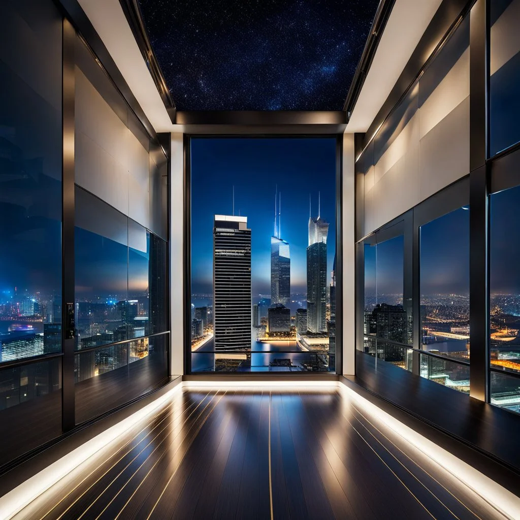 luxury hall in top floor of skyscrapper in moder city at night sky,city scape at backgrownd