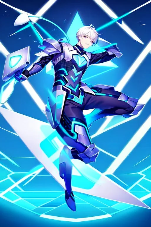 neon blue, flying parts of armor in form of triangles, cyber armor, geometric patterns on armor, male, orbiting triangle