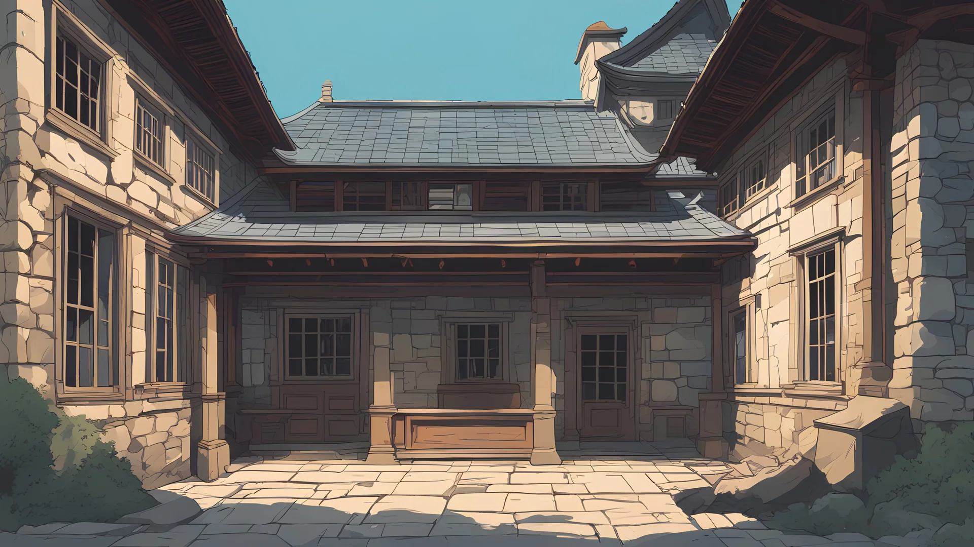 Vector. Illustration. Stone house school. Old Asian home school. 2D animated. 1900 AD. Istanbul. Digital painting, inside. Minimal.