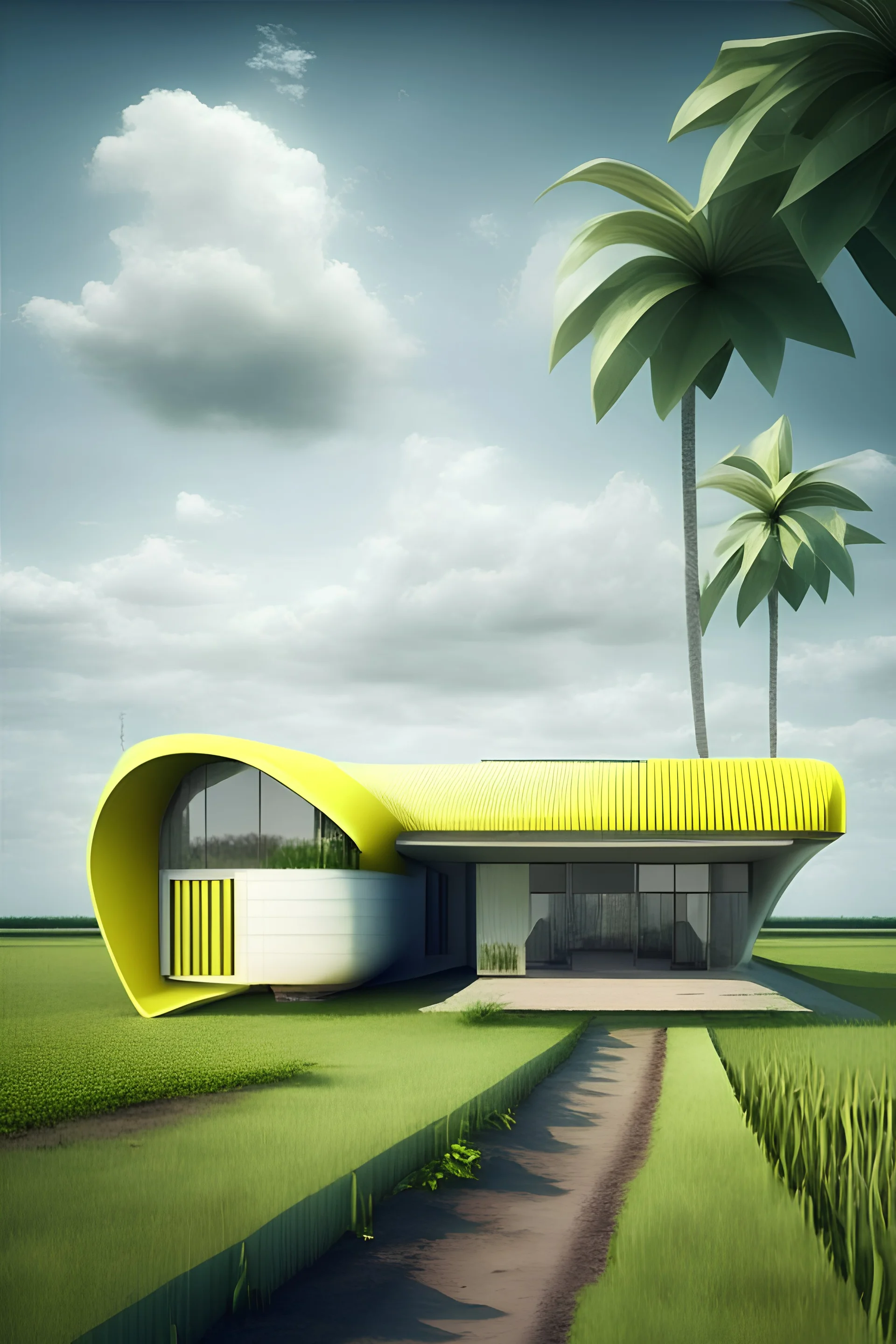 Modern Composite house with barrier and underroof with field with banana tree