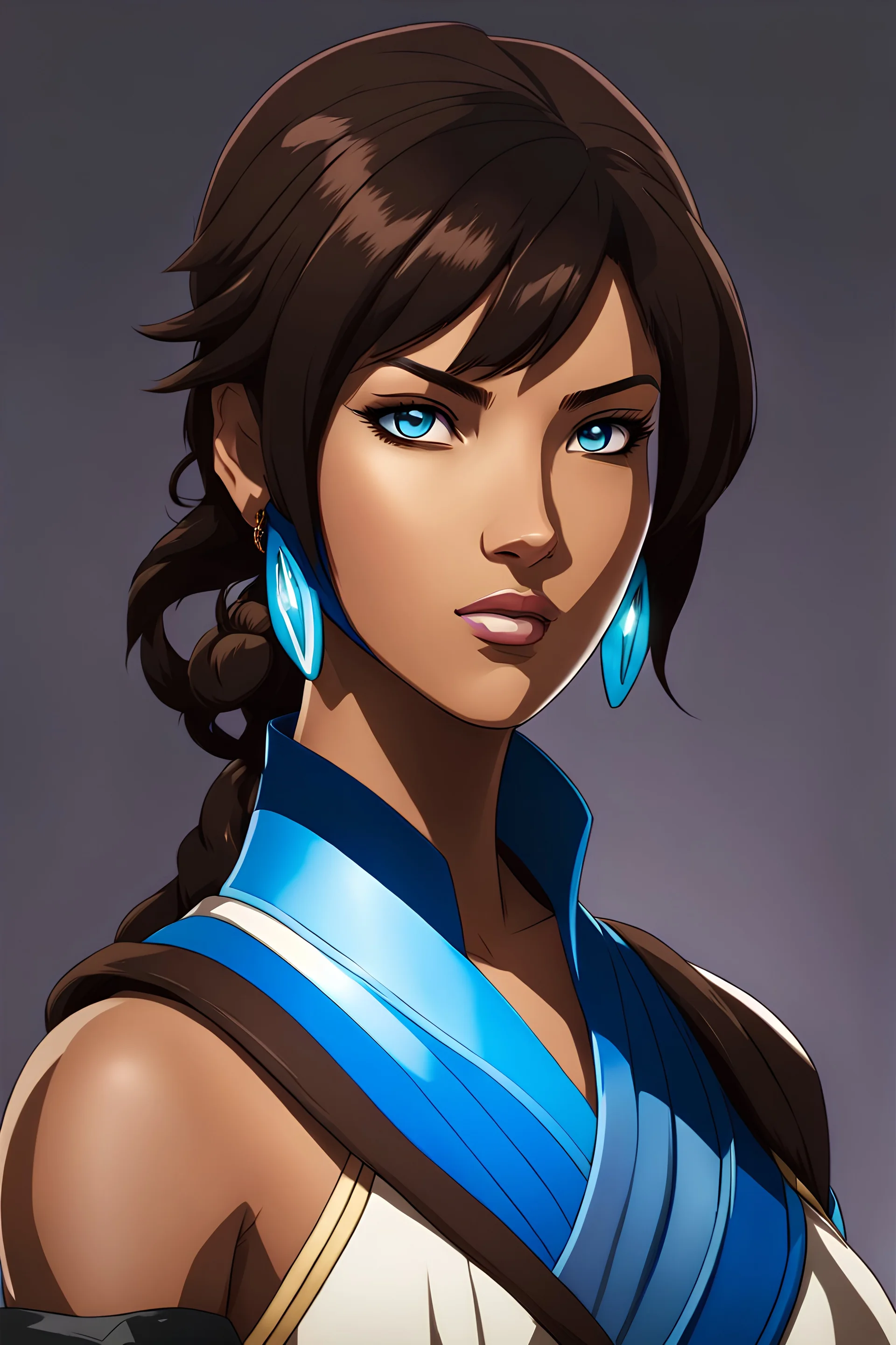 Avatar Korra, brown skin, short dark brown hair, blue eyes, woman, in the art style of Berserk