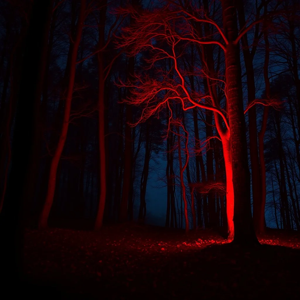 romantic forest at night, red neon mood