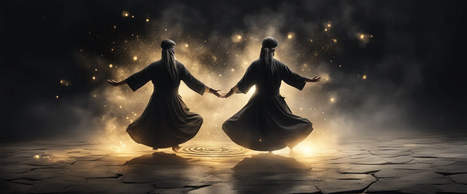 Hyper Realistic Sufi Whirling on stone floor with black & Golden Islamic Sufi Rustic Grungy Background with heavy fog & fireflies at dark night