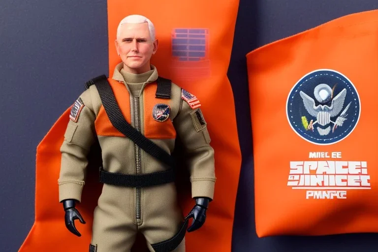 Mike pence G.i. Joe toy doll Space force uniform With accesories inside a blister packaging hanging on a Wallrack in toystore, fluorescent orange, toy guns, wide angle shot whole body, black moonboots, fullsize