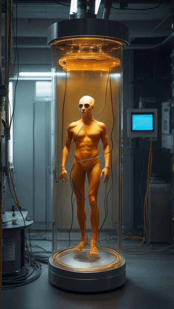 Sleeper in tube cabinet made of glass filled to the top with honey coloured liquid , in a laboratory inside it a half alien and a half human creature body standing vertically inside , connected with wires and electrical wires , the human standing in side, a high tech equipment in the background ,4K, cinematic, high resolution