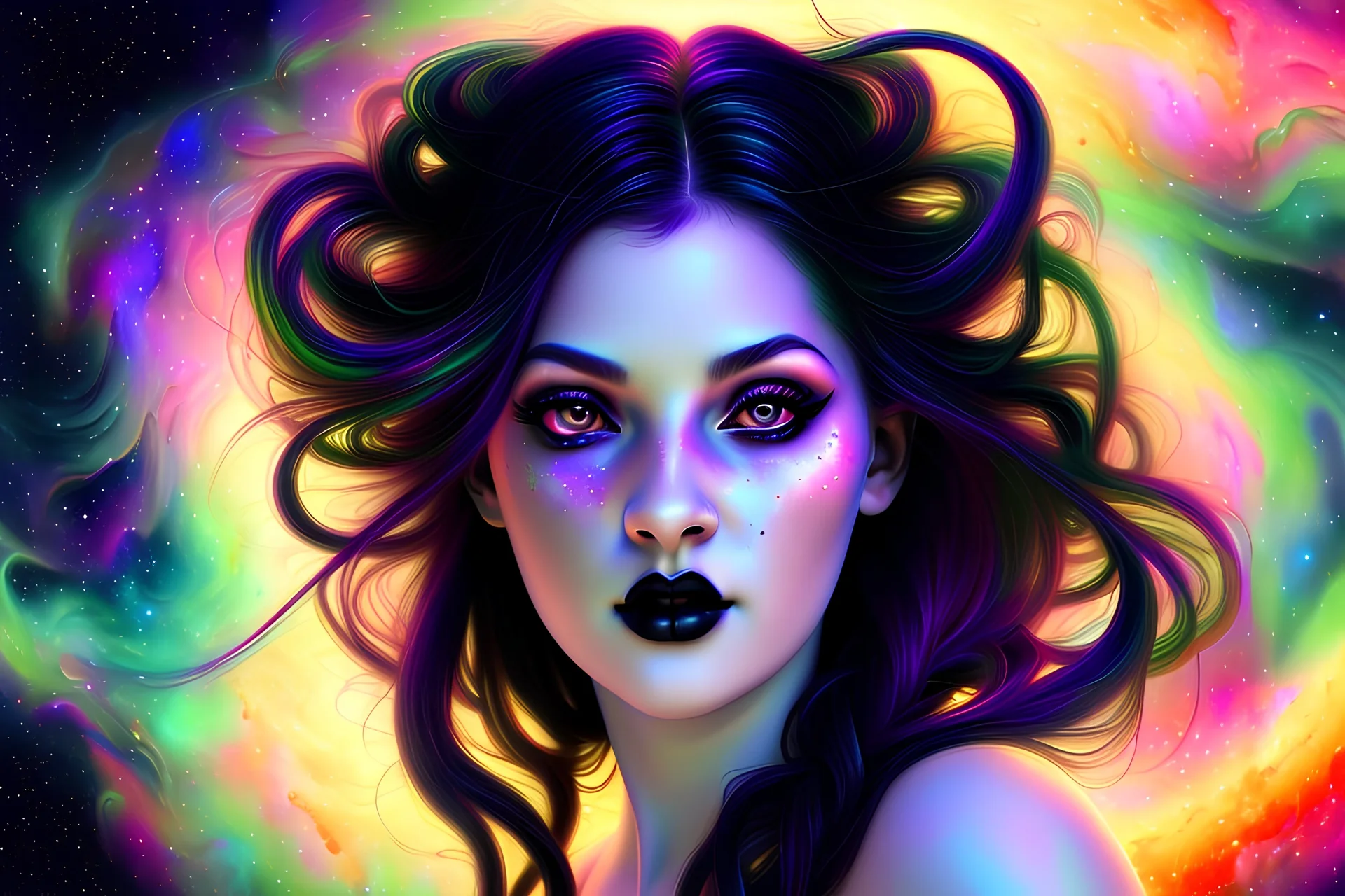Beautiful goth girl in a photorealistic portrait style in front of a swirling psychedelic cosmic galaxy background with multicolor lights and swirls
