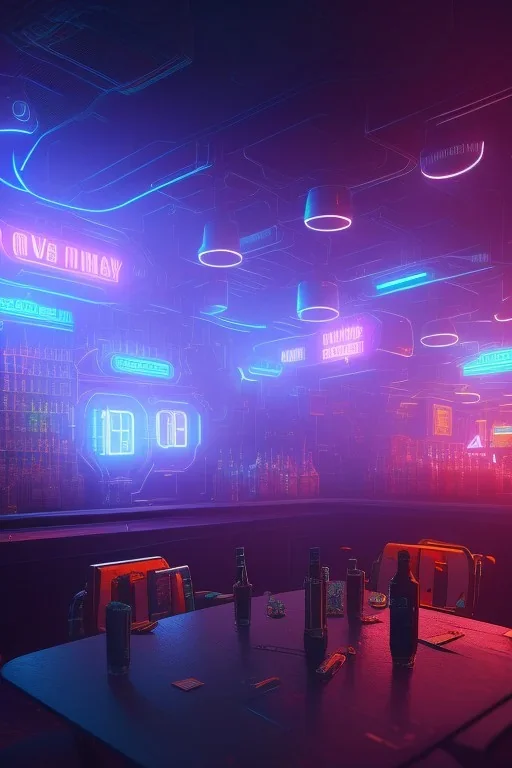 dog and gun in a cyberpunk bar, digital art style. fantasy, neon lights, volumetric lighting, particales, wide shot