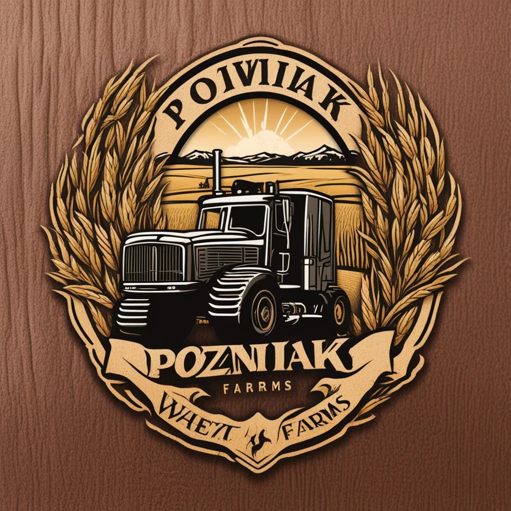 Truck Door Logo for a wheat farm, featuring a tractor and wheat, text "Pozniak Farms"