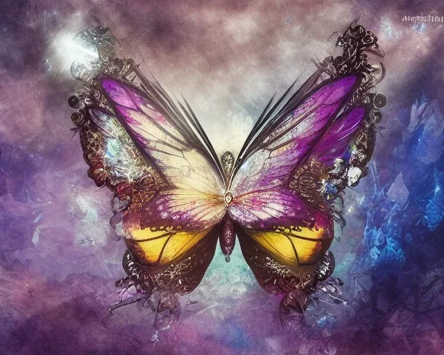 Beautiful mystical butterfly portrait, dark fantasy, romanticism, acrylic paint, chinese painting, magazine, highly detailed, ethereal, otherworldly, backlighting, rays of shimmering light, persian empire, artstation, silver, purple, black, teal, aqua, yellow, olive, vibrant, intricate,