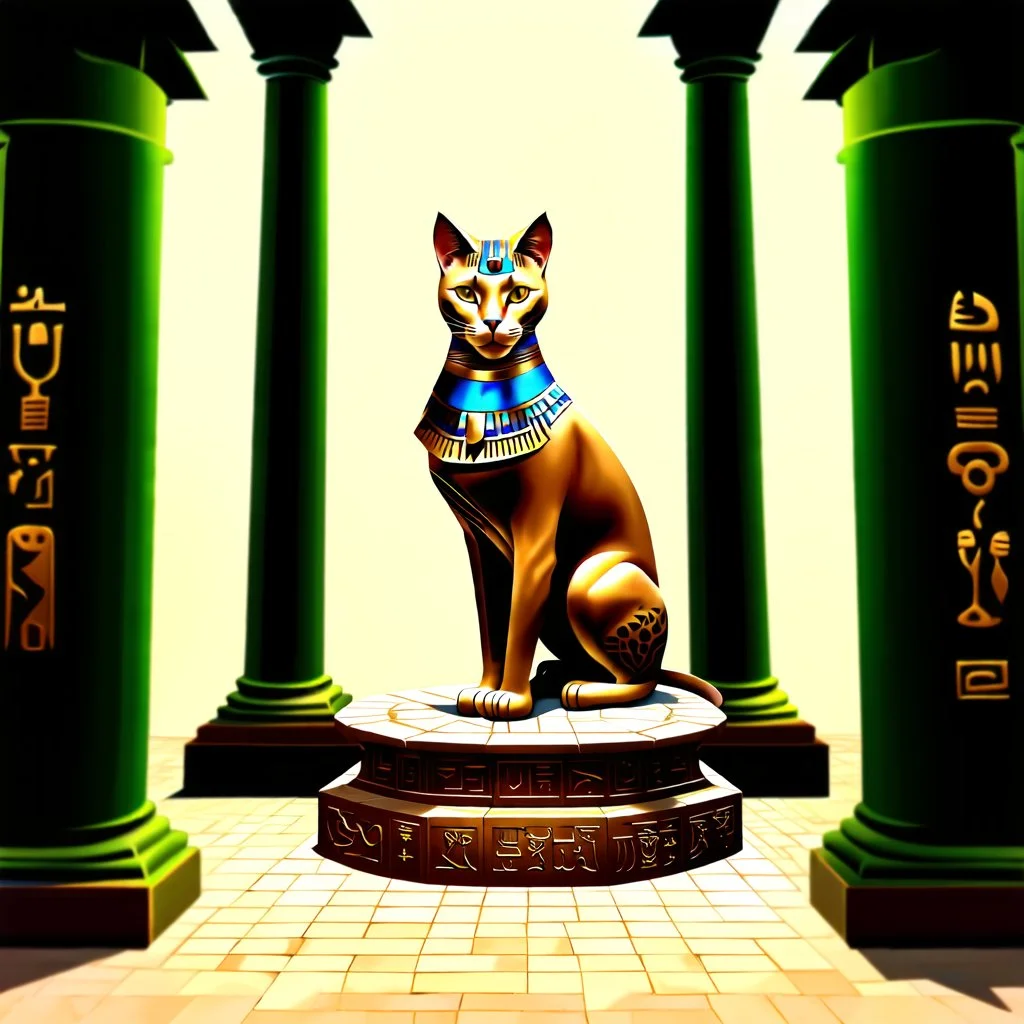 Cubism iridescent 3D-shaded Egyptian abstract art in Morris Hirshfield's richly textured style on weathered parchment. Engraved Egyptian glyphs. Highly detailed. (Bastet, the Egyptian cat goddess, sitting on a pedestal in a complex, detailed temple room, in front of beautifully decorated pillars adorned with Egyptian glyphs, and ankhs, on a noble, tiled floor. The cat wears tattoos, and her body is adorned with precious gold and lapis lazuli jewelry.) palm trees, more cats in soft focus backgrou