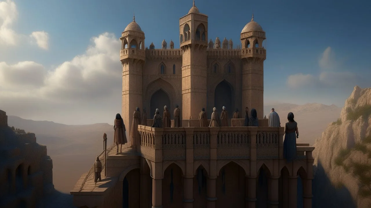 a group of people standing on top of a castle, a detailed matte painting by Ricardo Bofill, behance contest winner, qajar art, matte painting, vray tracing, matte drawing