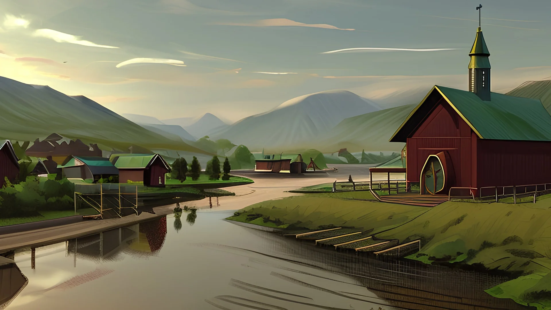 Looking across a torrential dangerous river to a village of new wooden houses, circular wooden church, and farm buildings, and mountains in the far distance, highly detailed, realistic, sunshine, RTX