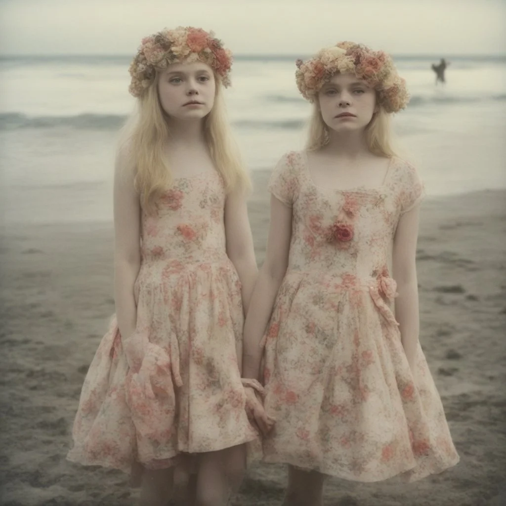 Elle fanning and dakota fanning as flowers, on the beach, autochrome