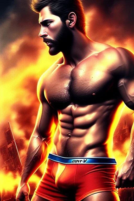 Ignore NSFW, teenager young rugged attractive slightly muscular fantastic handsome man, red briefs with yellow belt, hairy chest, (((visibly pisssing))) briefs, large erect visible boner peniss, photorealistic, artist Jay Anacleto, soft lighting, scruffy beard