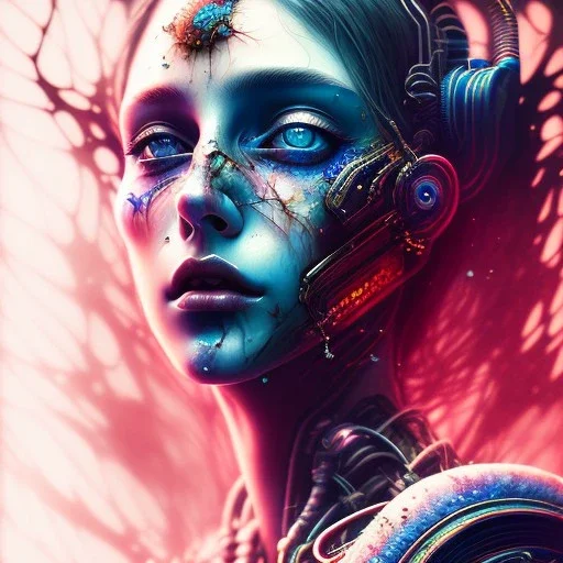 Singer Danish MØ face,wildflower, darkblue tones, background liquid, blood, guts,soft smooth lighting, intricate, watercolor soft pastel colors, pastel colors, Abstract Yoji Shinkawa, red tones, nice cyberpunk, dark tones, beautiful cyberpunk huge girl, high lighting,