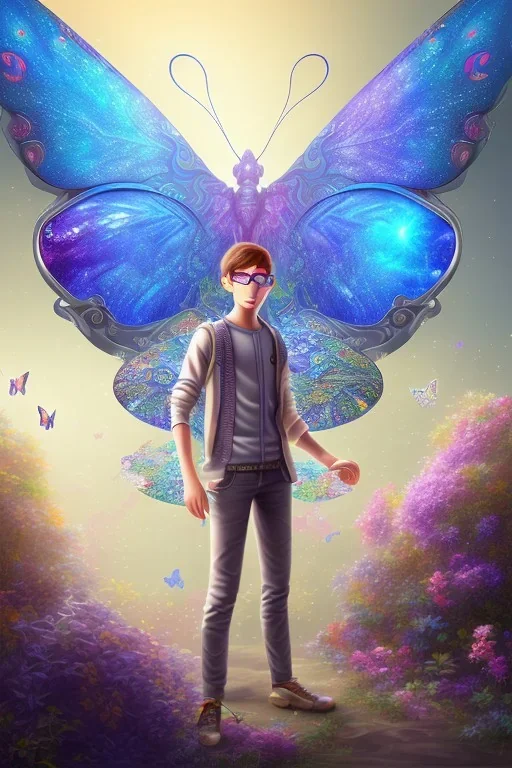 Dibujo escena de mundo mágico de fondo ((([una enorme mariposa]))) de los abismos, aparece (((((una adolescente con gafas))))).