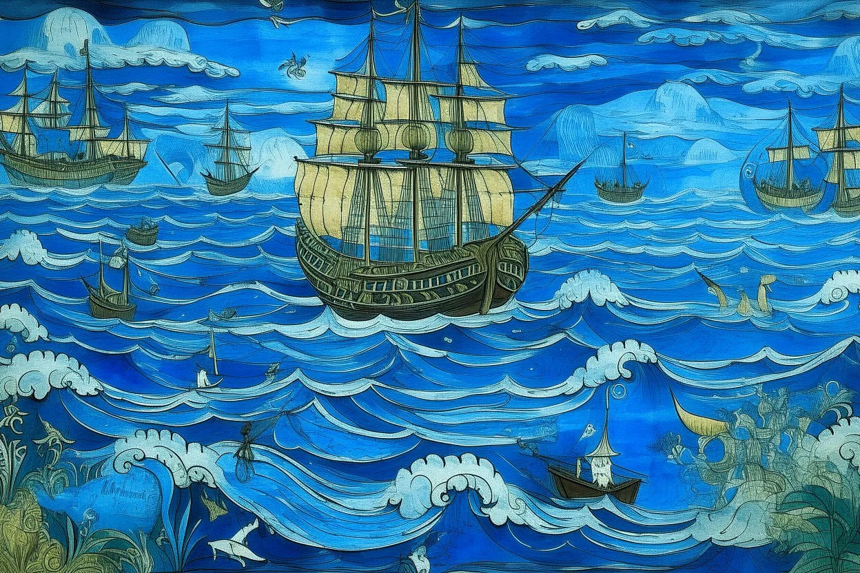 A blue savage ocean with pirate ships designed in Hawaiian tikis painted by Georges Seurat