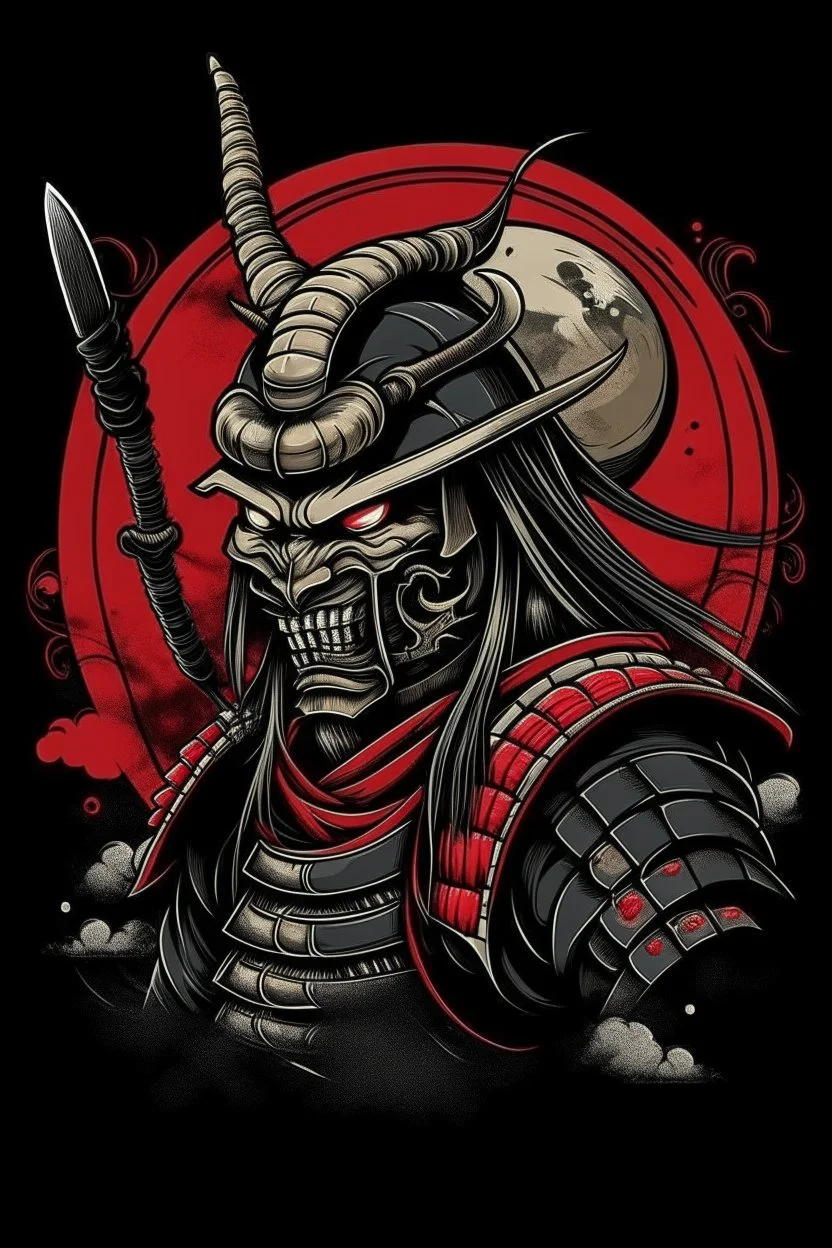 samurai with crescent moon helmet and oni samurai mask p