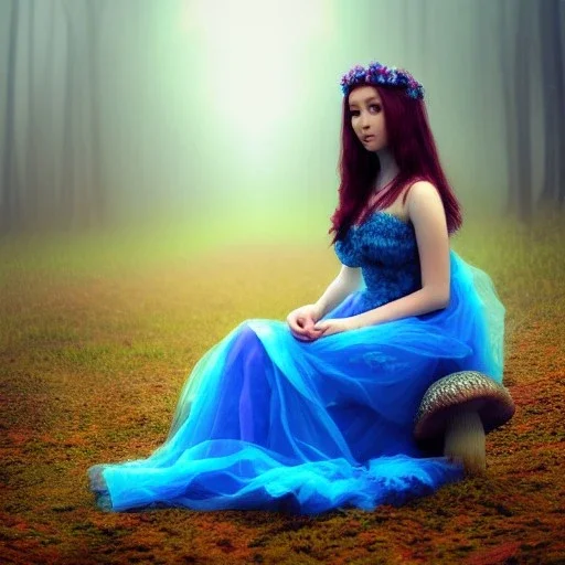 sourceress girl, beautiful, cute, seated, in a mushroom forest, with mist, blue intricate dress, high definition, cinematic, rendering