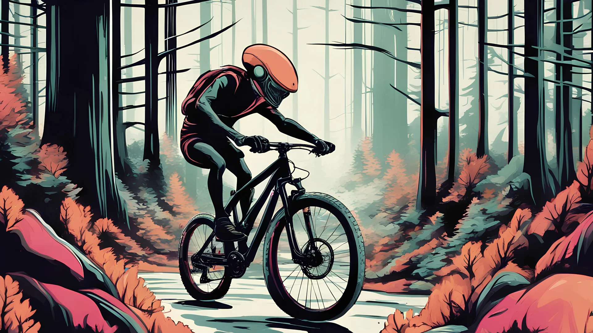 an alien riding verry fast a mountain bike through a futuristic, deep, dark hypnotic colored forest - with extrem motion blur from the center