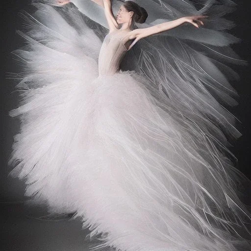 dress made out of feathers sequins and tulle and organza, swirlng, ethereal, heavenly, stunning colors, chiaroscuro, fashion photography, vogue, dramatic, beautiful lighting, delicate composition, aesthetic, ballerina, ballgown