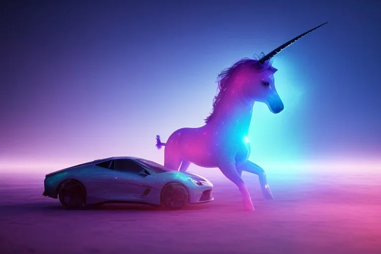 one glowing unicorn in a car in space,nebula in the backround,