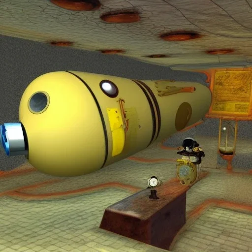 nautilus submarine and yellow submarine in steampunk world in seabed