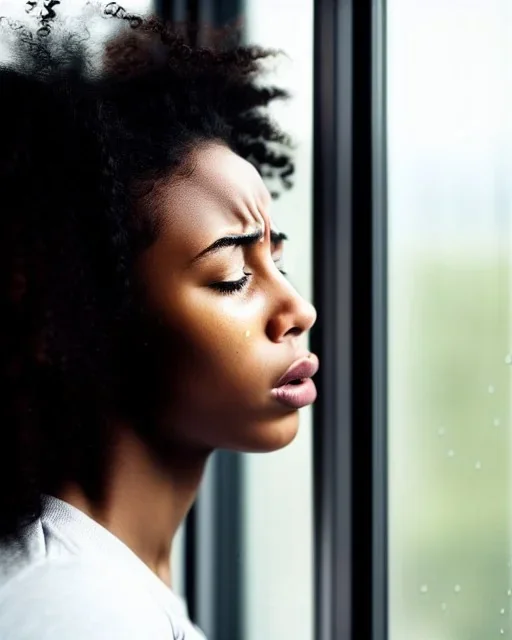 Crying girl, sad, expressive, emotive, frowning, furrowed eyebrows, pouting lips, African American, curly hair, looking out rainy window,