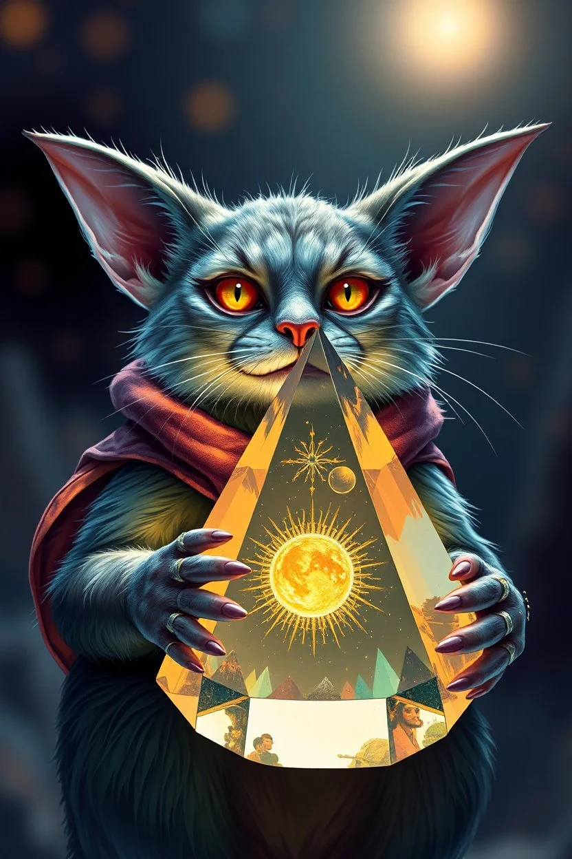 airbrush with pen outline, gremlin cat pimp holding a big reflective prismatic pyramid with orb containing plasma in the style of Escher , bokeh like f/0.8, tilt-shift lens 8k, high detail, smooth render, down-light, unreal engine, prize winning