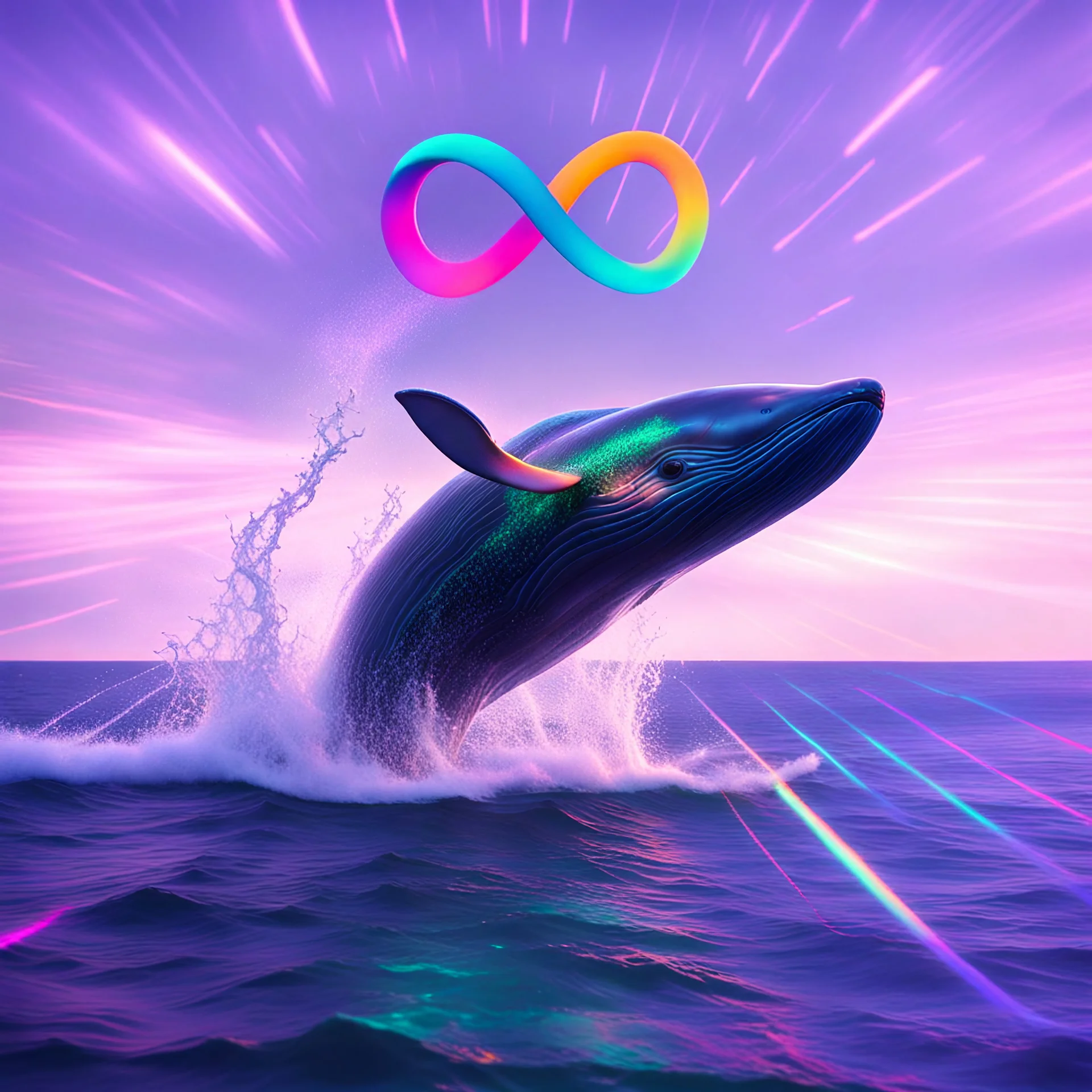 infinity symbol ∞ with vibrant powerful whale jumping out of the sea, striking, neon, chiaroscuro, dramatic, captivating, powerful, fantasy, beautiful, octane render, 16k post-production, artstation: award-winning: atmospheric: commanding: fantastical: clarity: ultra quality: striking: brilliance: stunning colors: amazing depth; lens: f/11, 35mm