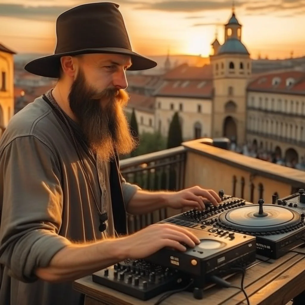 A bearded DJ with a hat on his head at the console, many electronic devices, consoles around, play middle street of medieval city,sunset