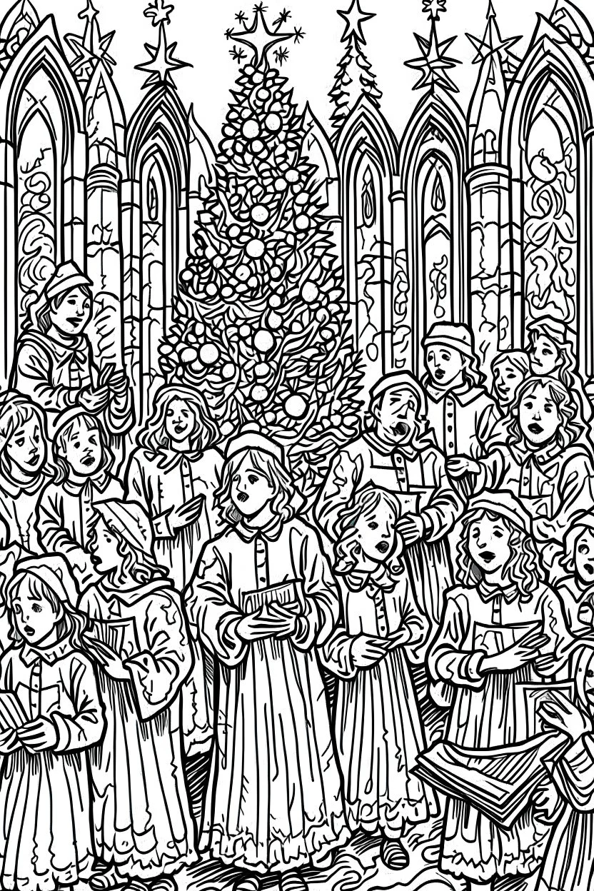 A Christmas theme, a coloring page illustrations, highly detailed, bold ink line sketch drawing of choir singing in a church close to a Christmas tree with gifts