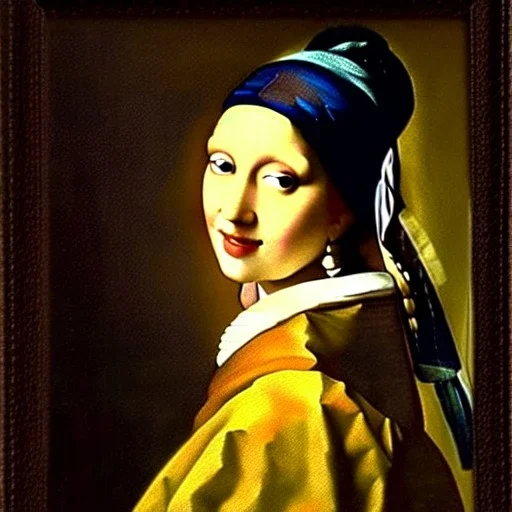 portrait of beautiful busty Bella painting by JOHANNES VERMEER,smiling, oil on canvas, cinematic composition, extreme detail,fit full head inside picture